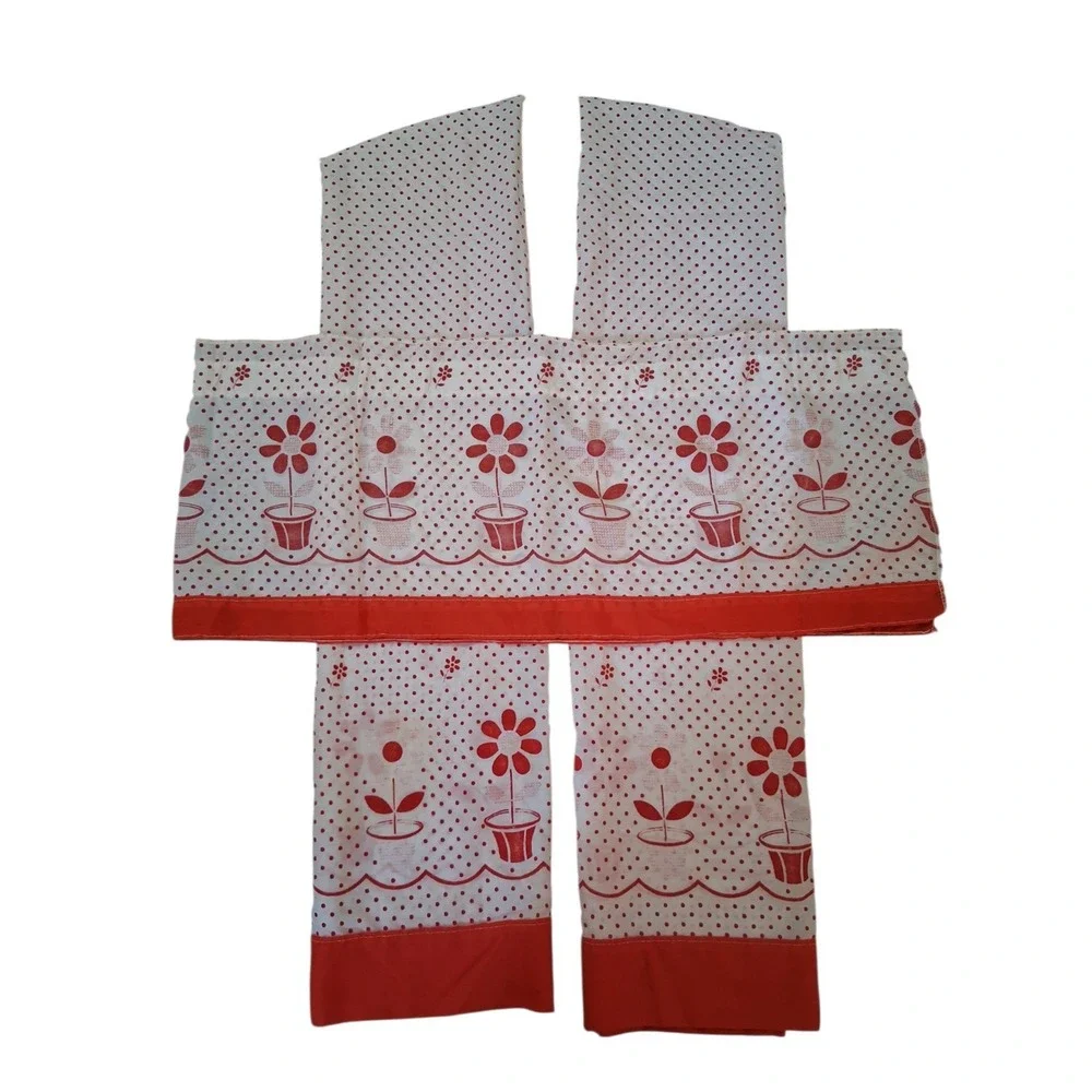 Vtg Cafe Curtains & Kitchen Valance Set Red White Polka Dot Flower Decor READ